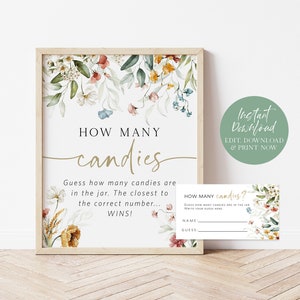 Candy Guessing Game, Guess How Many Candies, Baby Shower Game, Wildflower Baby Shower Sign + Cards Set, Edit with TEMPLETT, WLP-DUT 5036