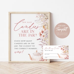 Candy Guessing Game, Guess How Many Candies, Baby Shower Game, Wildflower Baby Shower Sign + Cards Set, Edit with TEMPLETT, WLP-PTE 7389