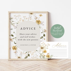 Wildflower Baby Advice Sign and Writing Cards, Floral Baby Advice Sign, Baby Shower Set, Edit with TEMPLETT, WLP-GWI 5079