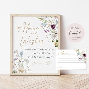 May include: A printable wedding advice card with a floral design. The card has a white background with a gold border and features a floral illustration with purple, blue, and yellow flowers. The text on the card reads "Advice and Wishes" and "Share your best advice and well wishes with the newlyweds." The card also includes the names "Courtney + Steven".