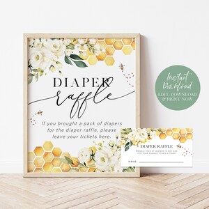 May include: A printable sign for a diaper raffle with a honeycomb and floral design. The sign says "Diaper Raffle" and "If you brought a pack of nappies for the diaper raffle, please leave your tickets here."