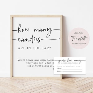 Jeu de devinettes de bonbons, devinez combien de bonbons, jeu de douche nuptiale, signe de baby shower de script + jeu de cartes, modifier avec TEMPLETT, WLP-PAL 5813