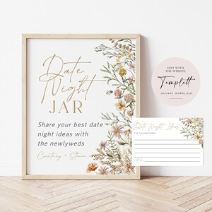 Ideas para citas nocturnas, letrero de tarro con fecha de flores silvestres, letrero de cita nocturna, tarjetas de ideas florales para citas nocturnas, juego de despedida de soltera, TEMPLETT, WLP-FWI 5548