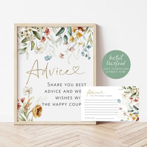 Wildflower Bridal Advice Sign and Writing Cards, Floral Bridal Advice Sign, Bridal Shower Set, Edit with TEMPLETT, WLP-DUT 5743