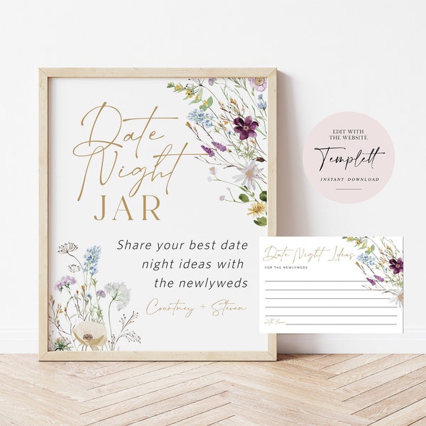 Date Night Ideas, Wildflower Date Jar Sign, Date Night Sign, Floral Date Night Ideas Cards, Bridal Shower Game, TEMPLETT, WLP-PRW 5317