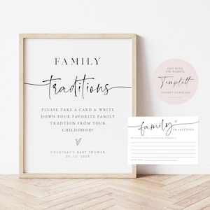 Family Tradtions Sign and Note Cards, Printable Share Your Traditions, Minimalist Baby Shower, TEMPLETT WLP-PAL 5632