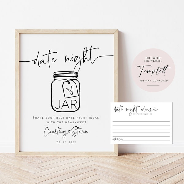 Minimalist Date Night Ideas Sign, Wedding Date Night Advice, Date Night Card, Wedding Sign, Bridal Shower Game, TEMPLETT, WLP-PAL 5722