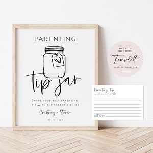 Parenting Tip Jar Sign and Advice Cards, Minimalist Parenting Advice, Modern Tips for Parents Game, Edit with TEMPLETT, WLP-SIL 5409