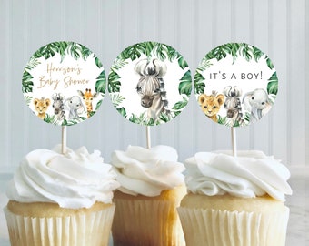 Safari Baby Shower Cupcake Toppers, Printable Jungle Cupcake Toppers, Editable Baby Shower Toppers, Edit with TEMPLETT, WLP-SAF 3877