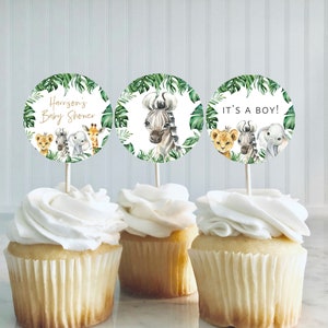 Safari Baby Shower Cupcake Toppers, Printable Jungle Cupcake Toppers, Editable Baby Shower Toppers, Edit with TEMPLETT, WLP-SAF 3877