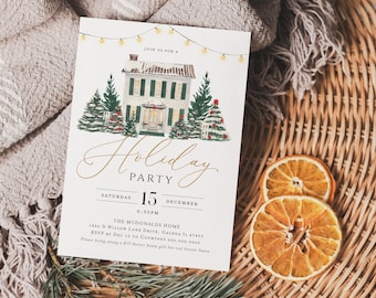May include: A white invitation card with a watercolor illustration of a house with snow on the roof and Christmas trees. The text on the card reads "Join us for a Holiday Party, Saturday 15 December 6:30PM, The McDonalds Home 1834 N Willow Lane Drive, Galena IL 61467 RSVP by Dec 10 to Courtney 608.608.6008 Please bring along a $10 Secret Santa gift for our Secret Santa".