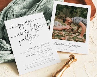 May include: A white wedding invitation with black calligraphy that reads "happily ever after party" and includes the couple's names, wedding date, and location. A photo of the couple kissing is included on a separate card.