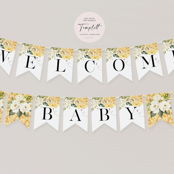 Bee Baby Shower Banner, Floral Bee Baby Shower Decorations, 100% Editable Letters, Editable Baby Banner, Templett, WLP-FBE 5461