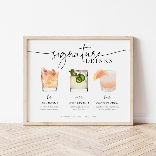 Signature Drinks Sign Template, Editable Signature Drinks, Signature Cocktails Sign, Wedding Bar Menu Sign, TEMPLETT, WLP-PAL 5178