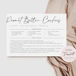 May include: Printable recipe card for peanut butter cookies. The card has a white background with black text and a pink circle with the text "Edit with the website Templett" in black text. The recipe includes ingredients and directions for making 24 peanut butter cookies.