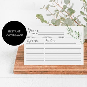 Recipe Card Printable, Recipe Card, DIY Recipe Card, Recipe Card Template, Bridal Shower Recipe Card, Instant Download, WLP699