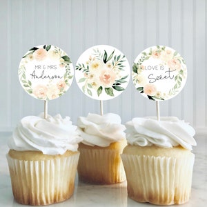 Blush Bridal Shower Cupcake Toppers, Printable Cupcake Toppers, Editable Bridal Shower Toppers, Edit with TEMPLETT, WLP-BLU 2672