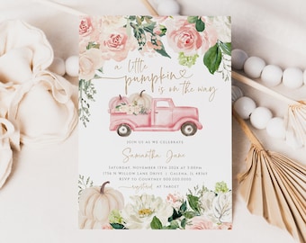 Fall Baby Shower Invitation Template, Printable Pumpkin Baby Shower Invitation Template, Pink Pumpkin Truck, TEMPLETT, WLP-TPU 5190