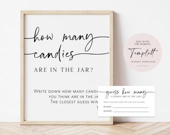 Candy Guessing Game, Guess How Many Candies, Bridal Shower Game, Script Baby Shower Sign + Cards Set, Edit with TEMPLETT, WLP-PAL 5813