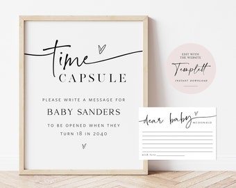 Baby Time Capsule Sign and Note Cards, Printable Time Capsule Writing Cards, Baby Shower Milestone, Minialist, TEMPLETT WLP-PAL 5631