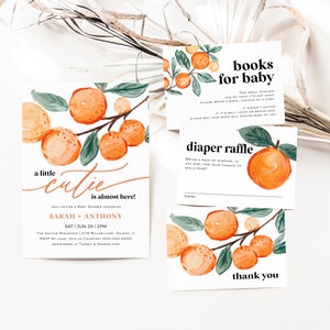 Little Cutie Baby Shower Invitation, Orange Baby Shower Invitation Bundle, Books for Baby Card, Diaper Raffle, TEMPLETT, WLP-ORA 5745
