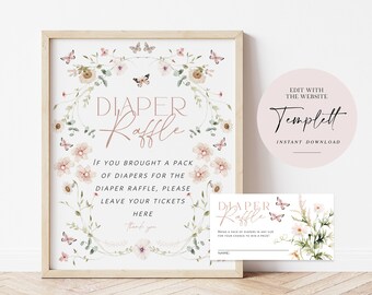 Butterfly Baby Shower Diaper Raffle Sign and Raffle Tickets, Diaper Raffle Set, Floral Baby Shower Set, TTEMPLETT, WLP-BUT 5819
