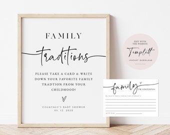 Family Tradtions Sign and Note Cards, Printable Share Your Traditions, Minimalist Baby Shower, TEMPLETT WLP-PAL 5632