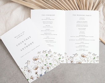 May include: A wedding program with a white background and a floral design at the bottom. The program lists the order of the ceremony and the wedding party. The text on the program reads "Welcome to the wedding of Courtney & Anthony August 12th 2023 | Galena, Illinois"