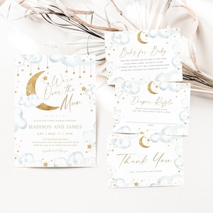 We&#39;re Over the Moon Invitation Bundle, Blue and Gold Moon Baby Shower, Over the Moon Baby Shower Invite, Edit w TEMPLETT, WLP-MOO 7306