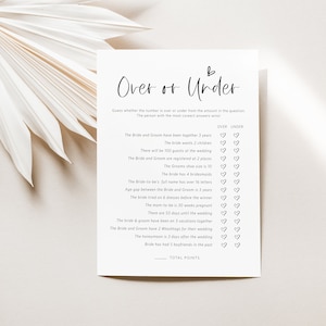Over or Under Bridal Shower Game, Minimalist Bridal Shower Trivia Game, 100% Editable Text, Edit with TEMPLETT, WLP-SIL 5429