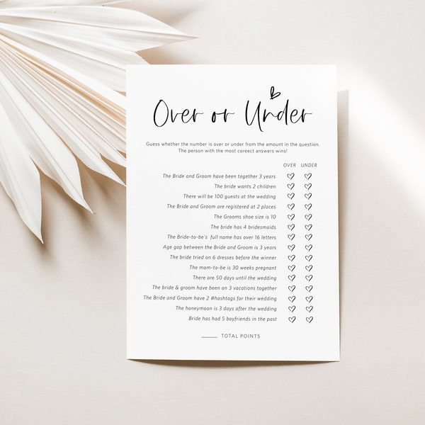 Over or Under Bridal Shower Game, Minimalist Bridal Shower Trivia Game, 100% Editable Text, Edit with TEMPLETT, WLP-SIL 5429