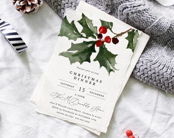 May include: A Christmas dinner invitation with a watercolor illustration of holly berries and leaves. The invitation reads "Please join us for Christmas Dinner, Saturday, December 15, 6:30 PM, The Mc Donalds Home, 1854 N Willow Lake Drive, Galena IL, RSVP to Courtney by November 15th, Phone or Text 000-000-0000".