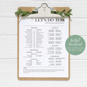Puede incluir: Un horario de boda impreso en una tabla con pinza. El documento incluye un cronograma, informaci&oacute;n de contacto y una lista de proveedores. El texto "LET'S DO THIS" est&aacute; en la parte superior, con el hashtag #MCDONALDSWEDDING2021. Un c&iacute;rculo verde dice "Descarga instant&aacute;nea, Editar, Descargar e Imprimir ahora".