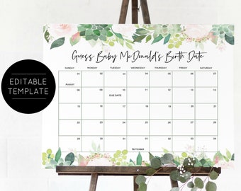 Succulent Baby Due Date Calendar Game, Baby Shower Game, Guess Baby's Birthday, Baby Prediction, TEMPLETT, Due Date Game, WLP-SUC 1609