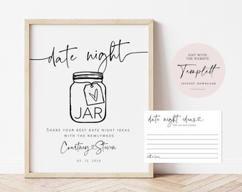 Minimalist Date Night Ideas Sign, Wedding Date Night Advice, Date Night Card, Wedding Sign, Bridal Shower Game, TEMPLETT, WLP-PAL 5722