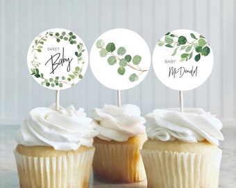 Greenery Baby Shower Cupcake Toppers, Printable Cupcake Toppers, Editable Baby Shower Toppers, Edit with TEMPLETT, WLP-TWI 2588