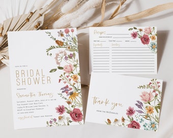 Wildflower Bridal Shower Invitation Set, Boho Bridal Shower Invitation, Details Card, Recipe Card, Instant Download, TEMPLETT, WLP-WIL 4382