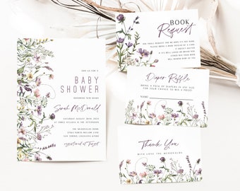 Puede incluir: Un conjunto de cuatro tarjetas para baby shower con un diseño floral. Las tarjetas incluyen una invitación, una solicitud de libro, una rifa de pañales y una tarjeta de agradecimiento. El texto en las tarjetas dice "Únete a nosotros para un Baby Shower", "Solicitud de libro", "Rifa de pañales" y "Gracias".