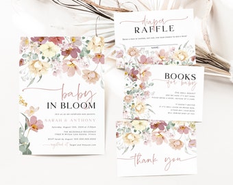 Floral Baby in Bloom Invitation, Baby Shower Bundle, Baby Shower Invitation, Books for Baby Card, Diaper Raffle, TEMPLETT, WLP-LUM 5337