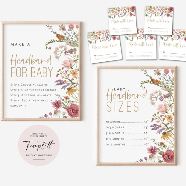 Headband Station Set with Signs and Tags, Wildflower Headband Signs, Make a Headband Sign, Headband Tags, Edit with TEMPLETT, WLP-WIL 5263