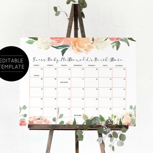 Peach Baby Due Date Calendar Game, Baby Shower Game, Guess Baby&#39;s Birthday, Editable Baby Prediction, TEMPLETT, Due Date Game, WLP-PEA 1606