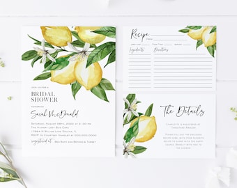 May include: A bridal shower invitation with a watercolor illustration of lemons and leaves. The invitation includes the bride's name, the date, time, and location of the shower. It also includes the text "registered at Bed Bath and Beyond & Target".
