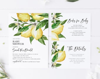 May include: Baby shower invitation set with watercolour lemons and foliage. The invitation includes event details, a card requesting books for the baby, and a card with registry information.
