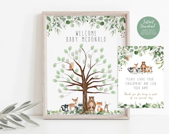 Woodland Fingerprint Tree, Guest Fingerprint Tree Template, Printable Baby Shower Poster, Instant download, Edit with TEMPLETT, WLP-RWW 4155