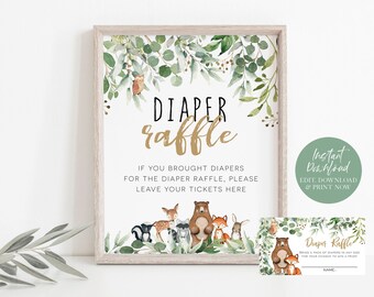 Woodland Diaper Raffle Sign, Diaper Raffle Cards, Diaper Raffle Cards, Diaper Raffle Cards, Gender Neutral, Templett, WLP-RWW 3997