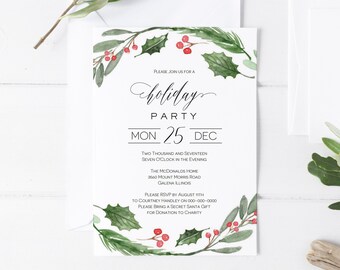 Könnte beinhalten: Eine Einladung zu einer Weihnachtsfeier mit einer Aquarell-Illustration von Stechpalmen und Beeren. Die Einladung ist für Montag, den 25. Dezember um 19:00 Uhr in The McDonalds Home, 3660 Mount Morris Road, Galena, Illinois. Die Einladung bittet um eine Antwort bis zum 11. August an Courtney Handley unter 000-000-0000 und bittet die Gäste, ein Secret Santa-Geschenk für eine Spende an eine Wohltätigkeitsorganisation mitzubringen.