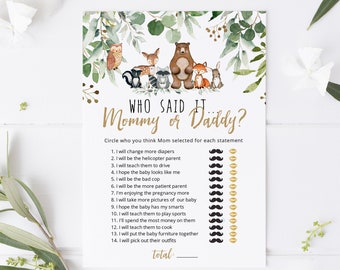 Woodland Baby Shower Mommy or Daddy Game, Woodland Baby Shower Games, Editable Game Card, Instant download, TEMPLETT, WLP-RWW 4162