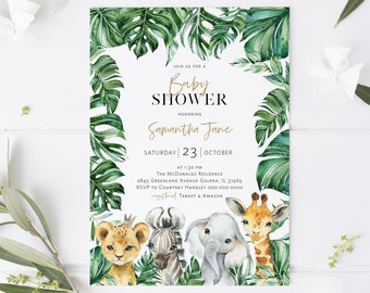 Safari Baby Shower Invitation, Jungle Baby Shower Invitation, Lion, Giraffe, Elephant, Editable Invitation, TEMPLETT, WLP-SAF 3128