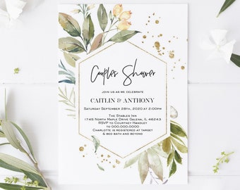 Gold Greenery Couples Shower Invitation, Bridal shower Invitation Template, Edit with TEMPLETT, Instant Download, WLP-SER 1261