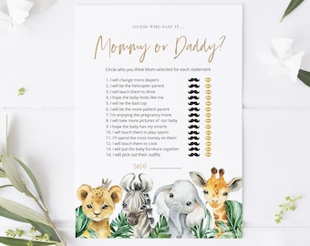 Könnte beinhalten: Ein druckbares Babyparty-Spiel mit Dschungel-Thema. Das Spiel fordert die Gäste auf zu erraten, wer es gesagt hat, Mama oder Papa, für 14 Aussagen. Das Spiel zeigt einen Löwen, ein Zebra, einen Elefanten und eine Giraffe.